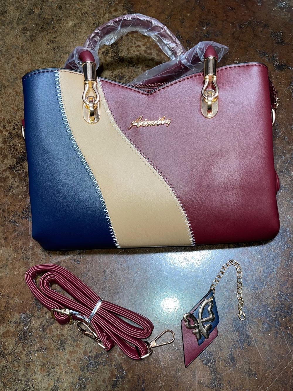 Tricolor Crossbody Satchel in Burgundy, Navy & Cream